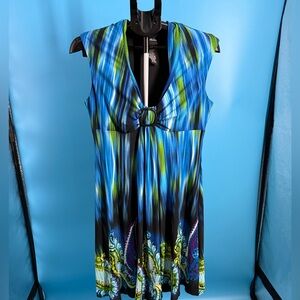 Kathy Roberts Blue Striped Stretch Sleeveless Midi Dress 10